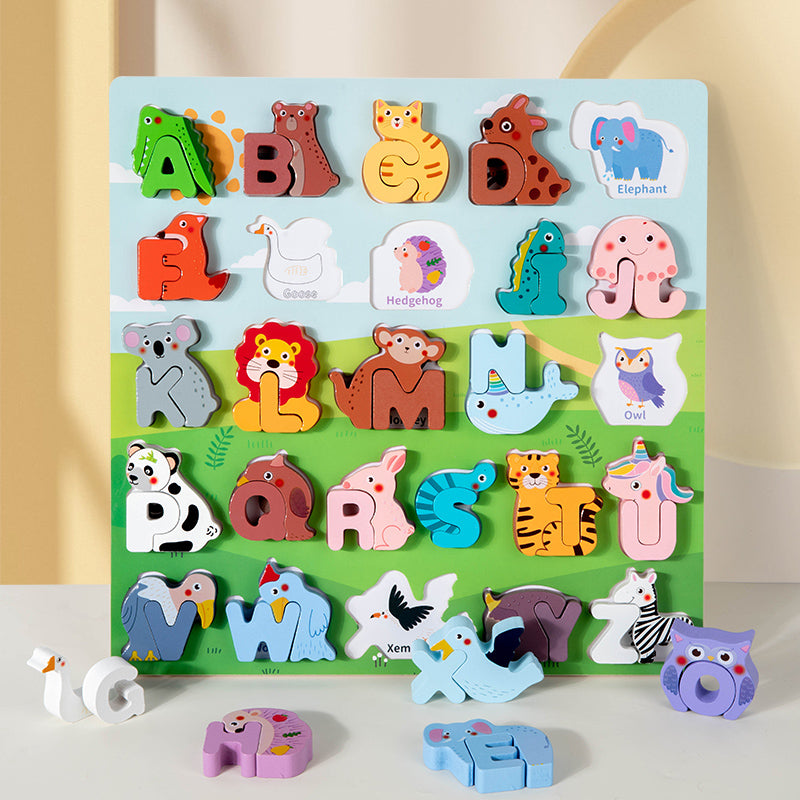 Children's Cartoon Animal Puzzle Board With 26 Uppercase English Letters, Cognitive Early Education Puzzle Toy