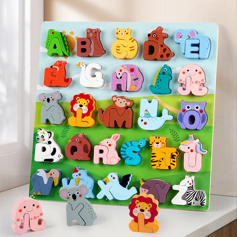 Children's Cartoon Animal Puzzle Board With 26 Uppercase English Letters, Cognitive Early Education Puzzle Toy