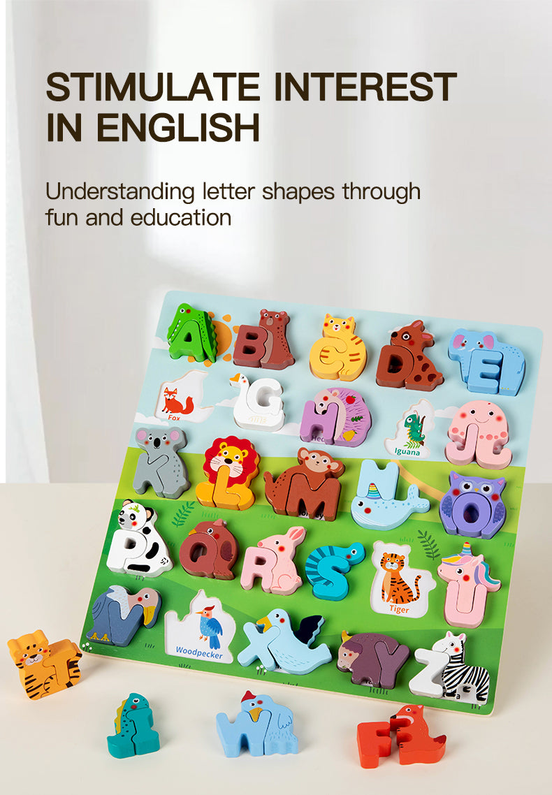 Children's Cartoon Animal Puzzle Board With 26 Uppercase English Letters, Cognitive Early Education Puzzle Toy