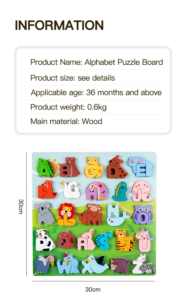 Children's Cartoon Animal Puzzle Board With 26 Uppercase English Letters, Cognitive Early Education Puzzle Toy