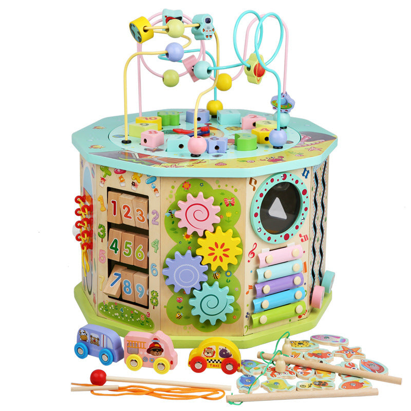 Wooden 10-Side Bead Maze Activity Cube - Montessori Toy for Toddlers 1-3