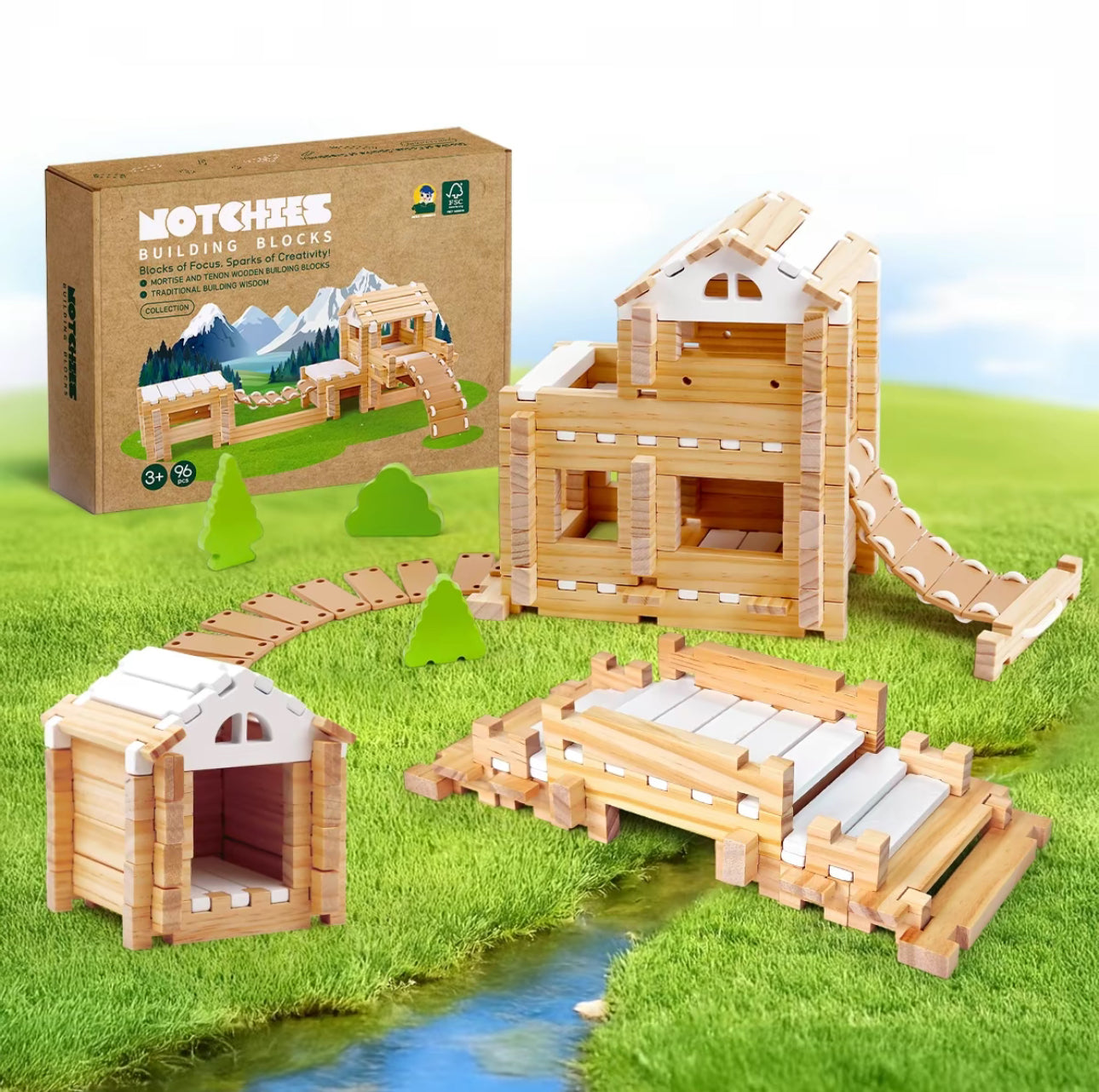 96 PCS Wooden Building Blocks for Kids Ages 4-8 - Creative Construction Set with Storage Bag (FSC Certified)