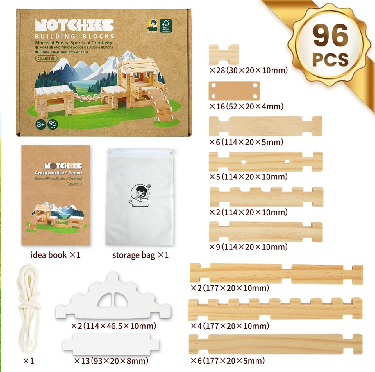 96 PCS Wooden Building Blocks for Kids Ages 4-8 - Creative Construction Set with Storage Bag (FSC Certified)