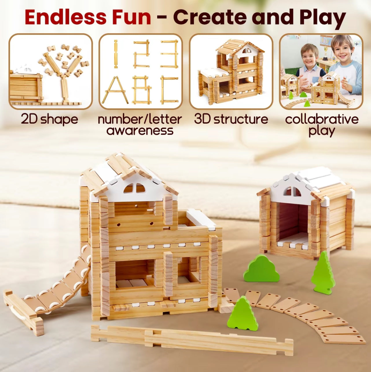 96 PCS Wooden Building Blocks for Kids Ages 4-8 - Creative Construction Set with Storage Bag (FSC Certified)