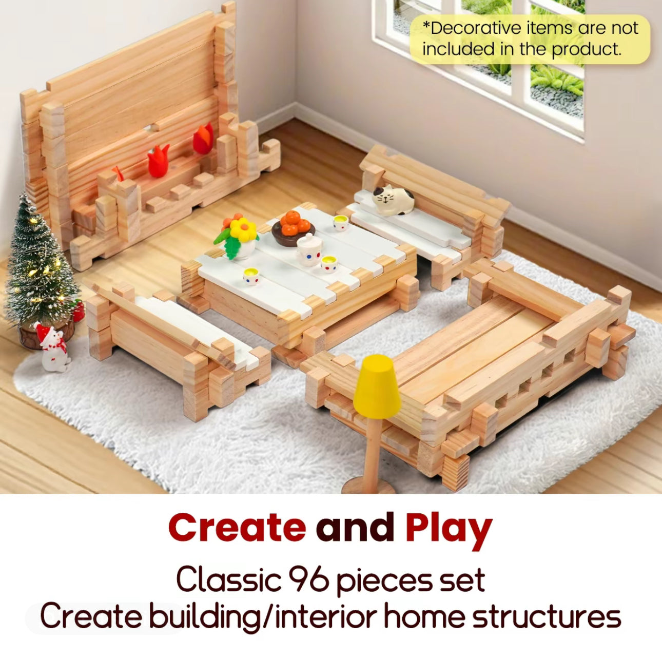 96 PCS Wooden Building Blocks for Kids Ages 4-8 - Creative Construction Set with Storage Bag (FSC Certified)