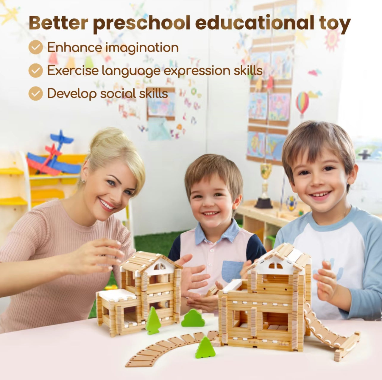 96 PCS Wooden Building Blocks for Kids Ages 4-8 - Creative Construction Set with Storage Bag (FSC Certified)