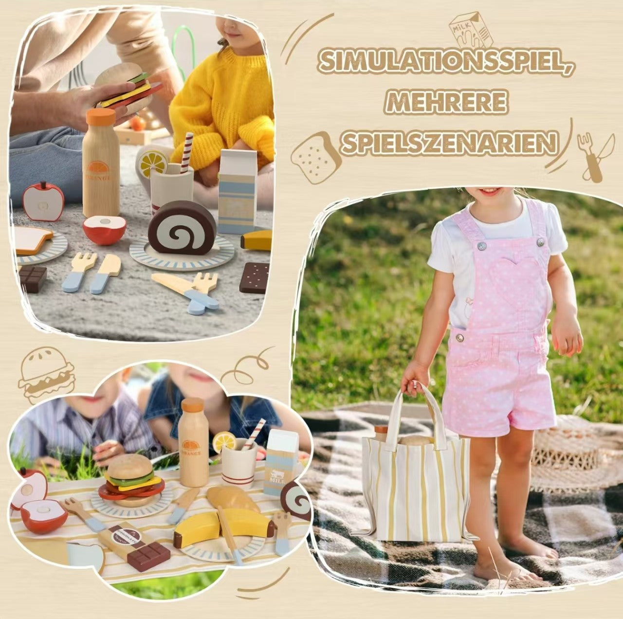 Castle 21-Piece Wooden Picnic Play Food Set - Pretend Cutting Toys for Kids, Educational Gift for Boys & Girls