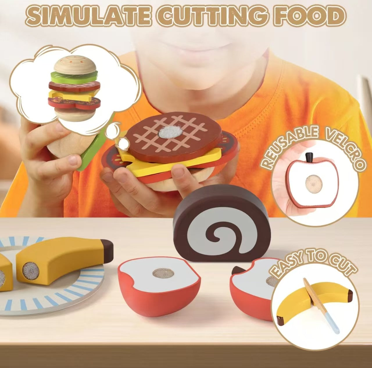Castle 21-Piece Wooden Picnic Play Food Set - Pretend Cutting Toys for Kids, Educational Gift for Boys & Girls