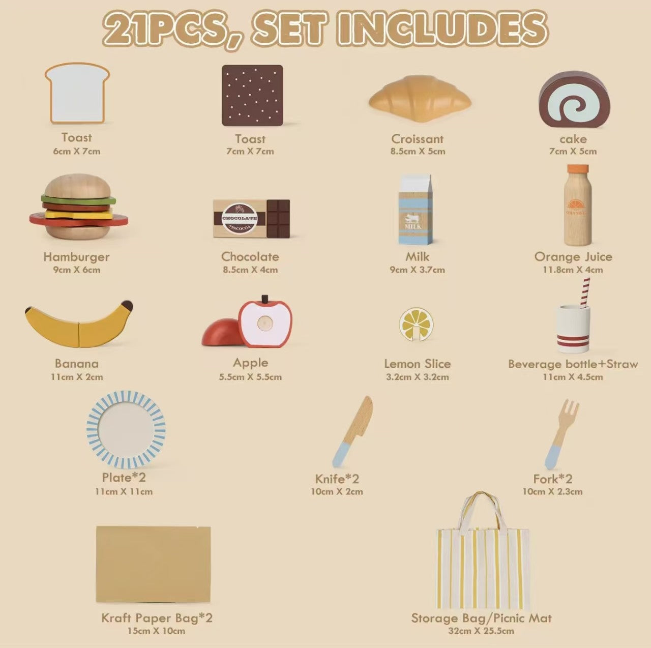 Castle 21-Piece Wooden Picnic Play Food Set - Pretend Cutting Toys for Kids, Educational Gift for Boys & Girls
