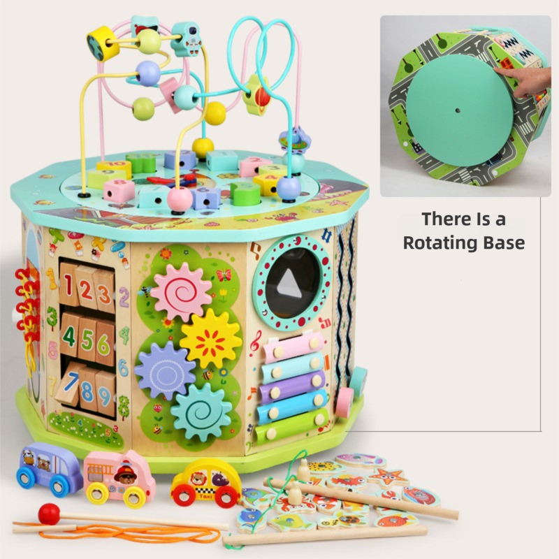 Wooden 10-Side Bead Maze Activity Cube - Montessori Toy for Toddlers 1-3