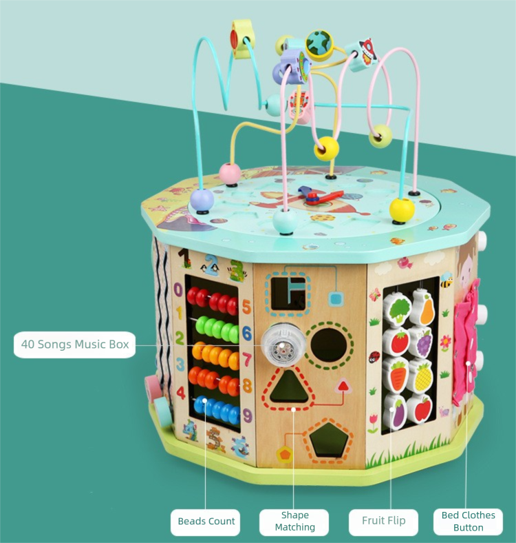 Wooden 10-Side Bead Maze Activity Cube - Montessori Toy for Toddlers 1-3