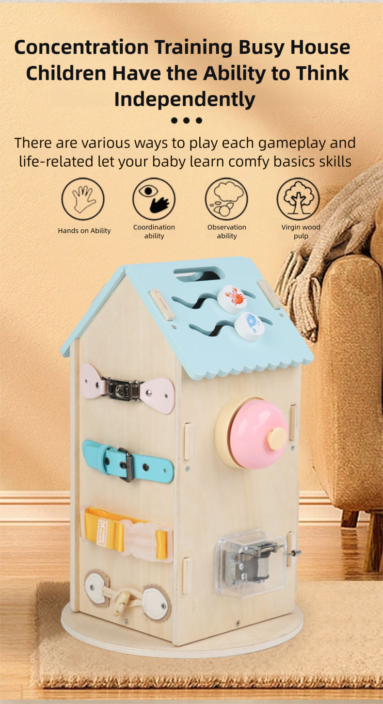 Montessori Busy House Activity Center - Wooden Toddler Learning Toy with Locks & Latches (18M+)