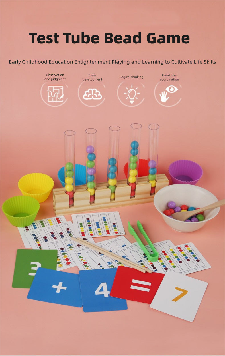Montessori Color Sorting Toy - Wooden Test Tube Beads & Clip Activity for Toddlers 1-3