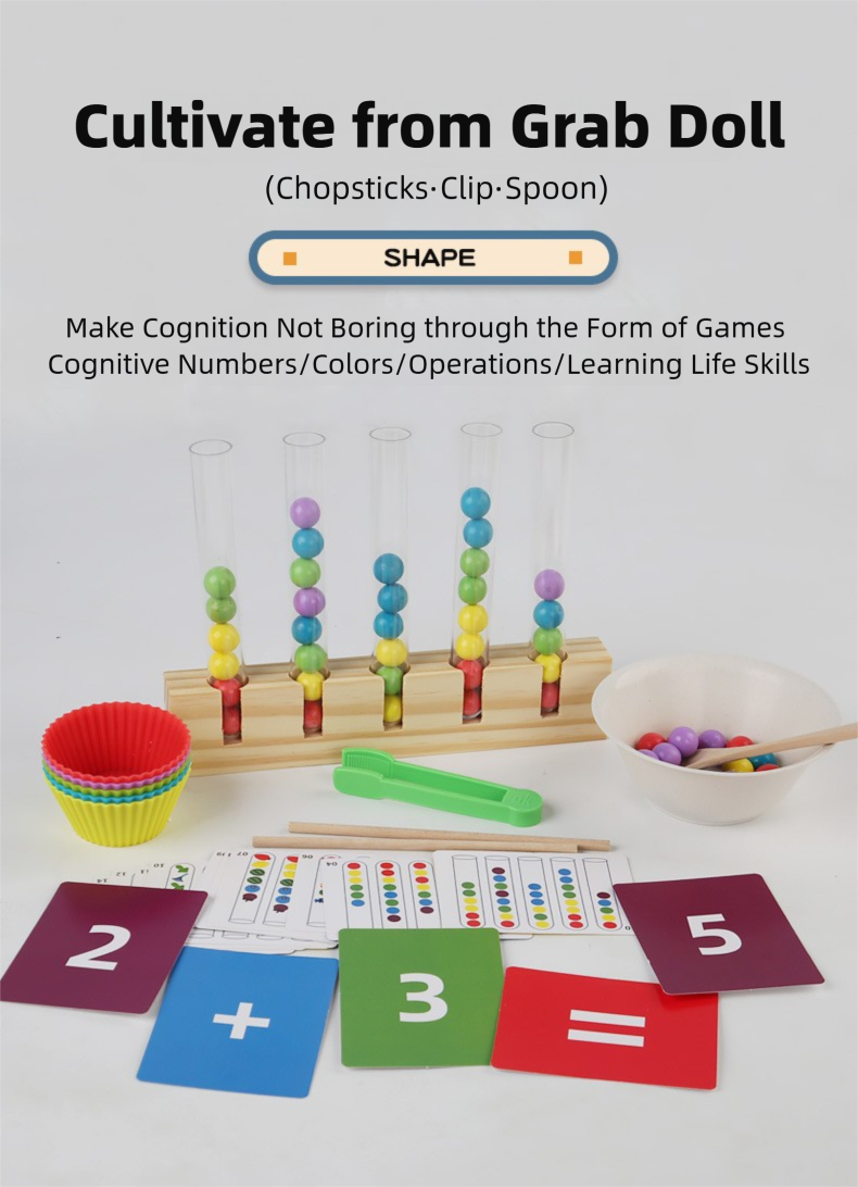 Montessori Color Sorting Toy - Wooden Test Tube Beads & Clip Activity for Toddlers 1-3