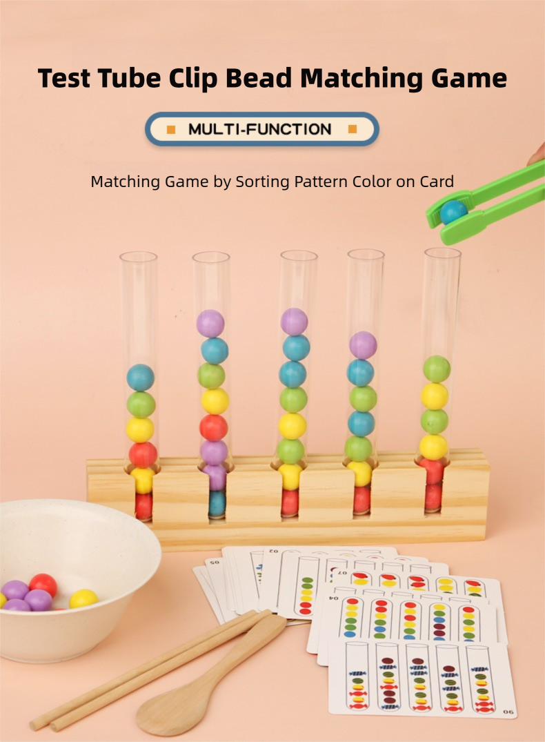 Montessori Color Sorting Toy - Wooden Test Tube Beads & Clip Activity for Toddlers 1-3