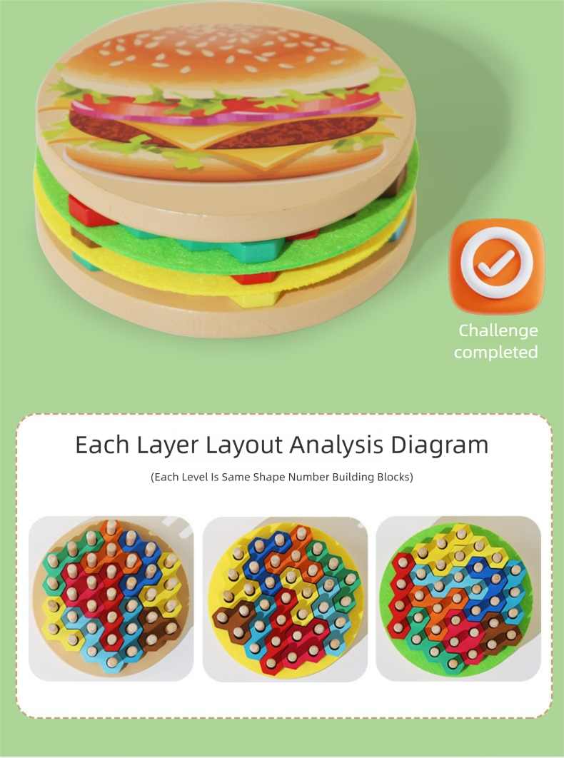 Hamburger Stacking Blocks - Wooden Spatial Reasoning Toy for Kids 3-6 (Montessori)