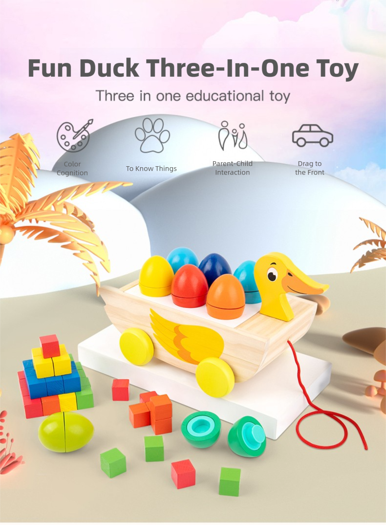 Interesting Duck Wooden Toy 3-In-1 Trailer Duck Building Blocks Educational & Safe for Kids Ages 36+ Months